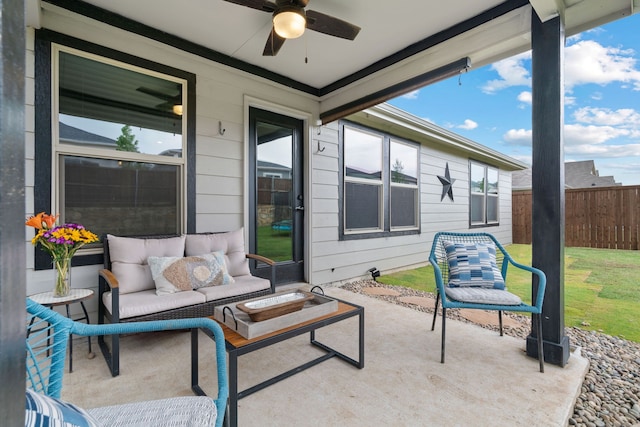 3112 Kingsgarden Rd, Denton, TX 76207 - view of patio / terrace with ceiling fan, fence, and an outdoor living space