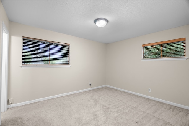 empty room with healthy amount of natural light, carpet floors, baseboards, and a textured ceiling