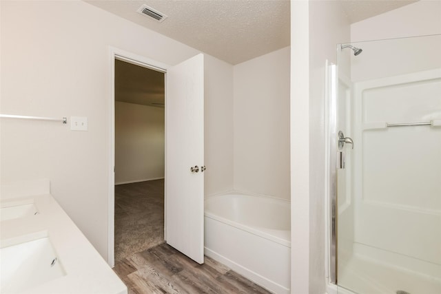 4913 Creek Ridge Trl, Fort Worth, TX 76179 - full bathroom with a shower stall, wood finished floors, a textured ceiling, a tub, and a sink