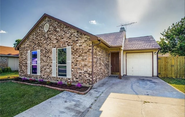 7301 Wayfarer Trl, Fort Worth, TX 76137 - view of front of property featuring an attached garage, concrete driveway, brick siding, a shingled roof, and a chimney