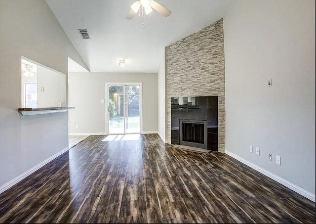 7301 Wayfarer Trl, Fort Worth, TX 76137 - unfurnished living room with ceiling fan, wood finished floors, baseboards, and high vaulted ceiling