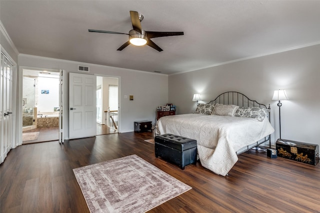 3552 Granada Ave Unit B, University Park, TX 75205 - bedroom with dark wood finished floors, crown molding, a ceiling fan, and connected bathroom