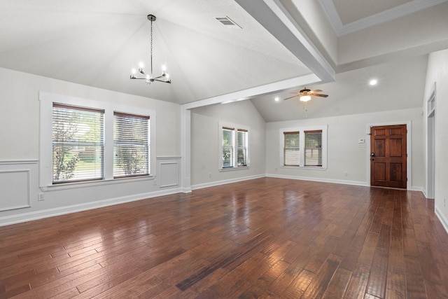 2100 Tremont Ave, Fort Worth, TX 76107 - unfurnished living room with a chandelier, vaulted ceiling, dark wood-type flooring, a ceiling fan, and a wainscoted wall