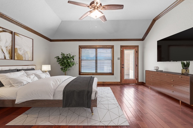 2100 Tremont Ave, Fort Worth, TX 76107 - bedroom with lofted ceiling, ornamental molding, hardwood / wood-style flooring, access to outside, and a ceiling fan