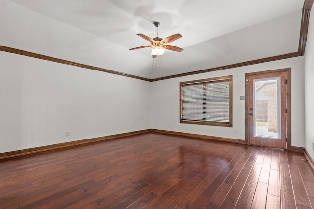 2100 Tremont Ave, Fort Worth, TX 76107 - empty room featuring ceiling fan, dark wood finished floors, baseboards, crown molding, and lofted ceiling