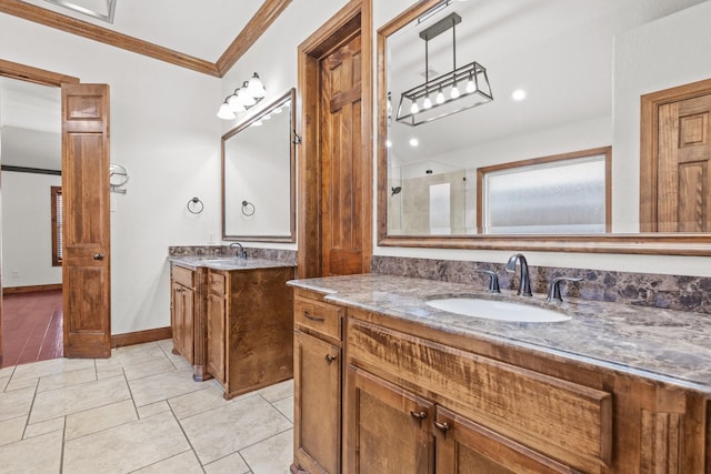 2100 Tremont Ave, Fort Worth, TX 76107 - bathroom with ornamental molding, two vanities, and an enclosed shower