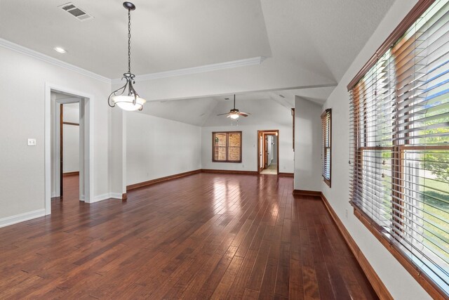 2100 Tremont Ave, Fort Worth, TX 76107 - empty room with dark wood-style flooring, ornamental molding, baseboards, lofted ceiling, and ceiling fan