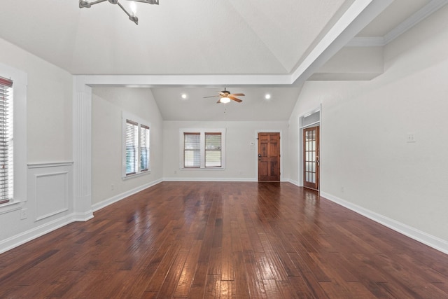 2100 Tremont Ave, Fort Worth, TX 76107 - unfurnished living room with lofted ceiling, a ceiling fan, dark wood-style floors, recessed lighting, and baseboards