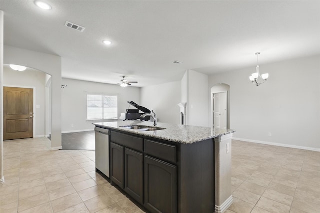 240 Springwood Ranch Loop, Springtown, TX 76082 - kitchen featuring arched walkways, a sink, dishwasher, a ceiling fan, and recessed lighting