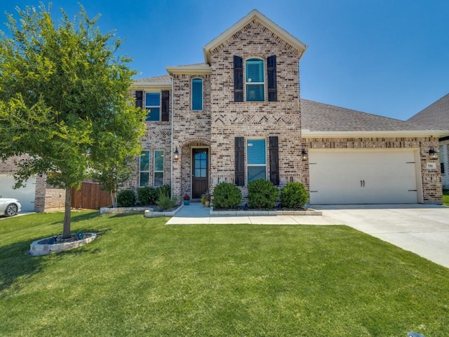 916 Timber Ridge Dr, Justin, TX 76247 - view of front of home with brick siding, an attached garage, a front lawn, driveway, and a shingled roof