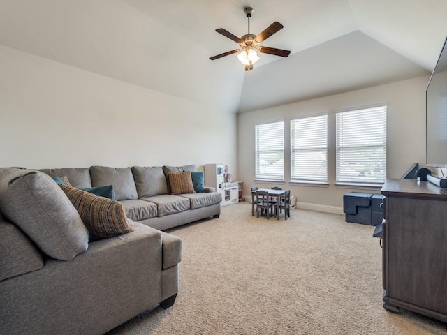 916 Timber Ridge Dr, Justin, TX 76247 - living area with a ceiling fan, light carpet, lofted ceiling, and baseboards