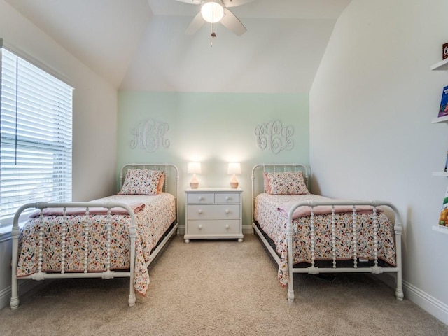 916 Timber Ridge Dr, Justin, TX 76247 - bedroom with carpet, vaulted ceiling, and a ceiling fan