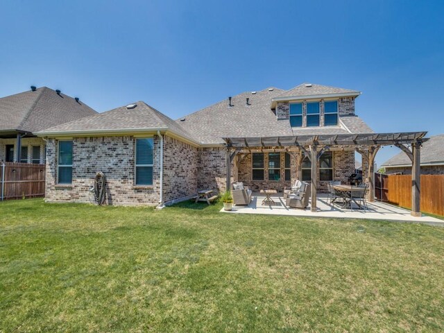 916 Timber Ridge Dr, Justin, TX 76247 - back of house featuring a pergola, brick siding, a patio area, and a shingled roof