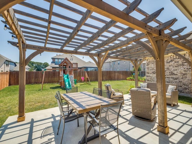 916 Timber Ridge Dr, Justin, TX 76247 - view of patio featuring outdoor dining area, a pergola, and a playground