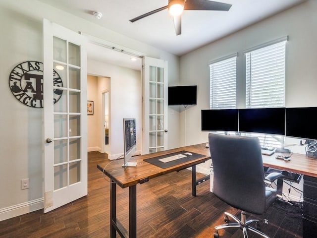 916 Timber Ridge Dr, Justin, TX 76247 - office space with french doors, wood finished floors, a ceiling fan, and baseboards