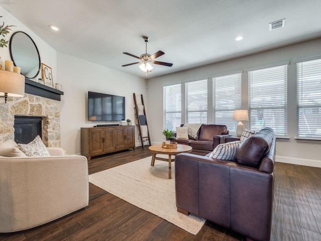 916 Timber Ridge Dr, Justin, TX 76247 - living room with a ceiling fan, dark wood-style floors, a fireplace, baseboards, and recessed lighting