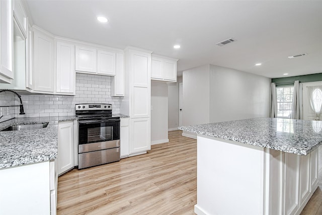 6225 Kentwood Pl, Fort Worth, TX 76112 - kitchen with stainless steel electric range oven, a sink, light wood-style flooring, white cabinets, and tasteful backsplash