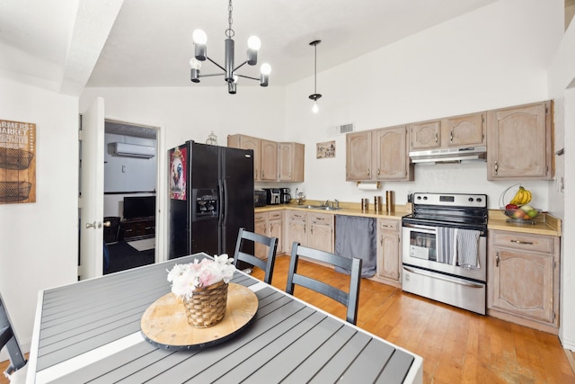 3812 Longmeadow Way, Fort Worth, TX 76133 - kitchen with stainless steel range with electric cooktop, under cabinet range hood, black fridge with ice dispenser, light brown cabinets, and a high ceiling