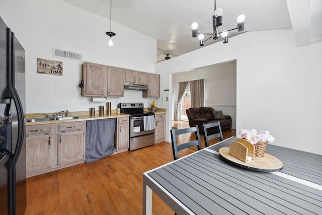 3812 Longmeadow Way, Fort Worth, TX 76133 - kitchen featuring electric range, a sink, under cabinet range hood, a chandelier, and black fridge with ice dispenser