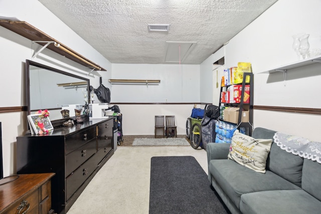 3812 Longmeadow Way, Fort Worth, TX 76133 - living room featuring attic access, a textured ceiling, and light colored carpet