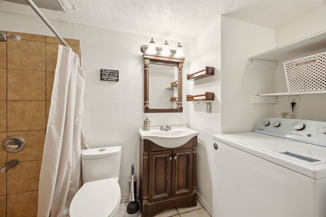 3812 Longmeadow Way, Fort Worth, TX 76133 - full bathroom featuring washer / clothes dryer, toilet, tiled shower, vanity, and a textured ceiling