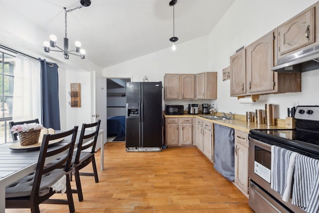 3812 Longmeadow Way, Fort Worth, TX 76133 - kitchen featuring black appliances, a chandelier, under cabinet range hood, hanging light fixtures, and light countertops