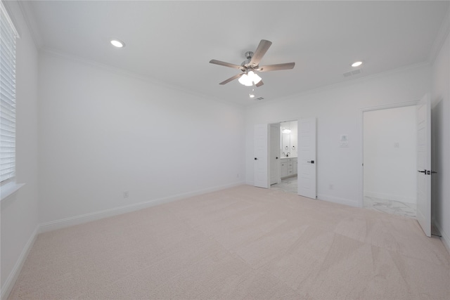 2301 Miramar Dr, Little Elm, TX 75068 - unfurnished bedroom with ornamental molding, light carpet, baseboards, ensuite bath, and recessed lighting