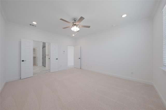 2301 Miramar Dr, Little Elm, TX 75068 - unfurnished bedroom featuring light colored carpet, crown molding, recessed lighting, baseboards, and a ceiling fan