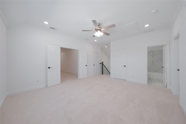 2301 Miramar Dr, Little Elm, TX 75068 - unfurnished bedroom featuring ornamental molding, attic access, baseboards, light colored carpet, and recessed lighting