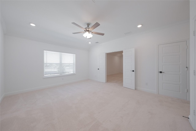 2301 Miramar Dr, Little Elm, TX 75068 - unfurnished bedroom featuring crown molding, light carpet, baseboards, recessed lighting, and a ceiling fan
