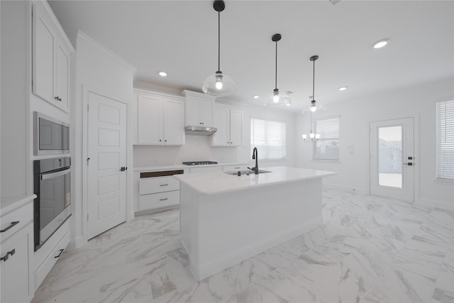 2301 Miramar Dr, Little Elm, TX 75068 - kitchen featuring stainless steel appliances, a sink, under cabinet range hood, recessed lighting, and light marble finish floors
