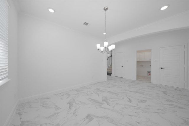 2301 Miramar Dr, Little Elm, TX 75068 - empty room featuring light marble finish flooring, recessed lighting, a chandelier, ornamental molding, and baseboards