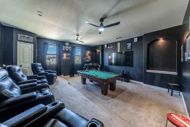 1005 Caudle Ln, Savannah, TX 76227 - playroom featuring carpet floors, a textured ceiling, a ceiling fan, billiards table, and baseboards
