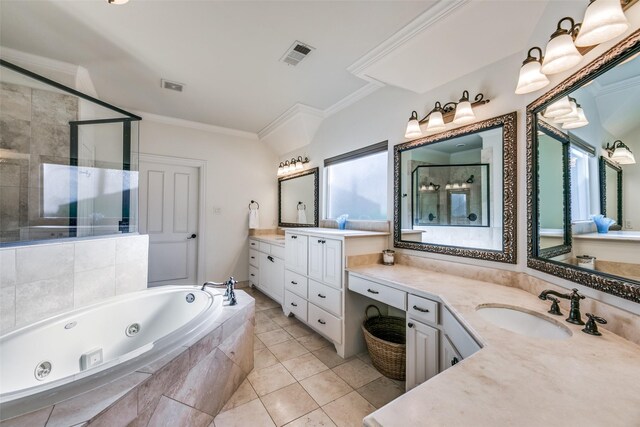 full bath featuring a shower stall, a tub with jets, ornamental molding, vanity, and tile patterned floors