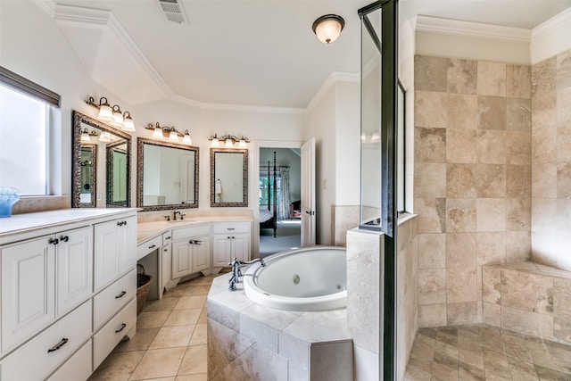 bathroom with a tile shower, vanity, crown molding, a tub with jets, and tile patterned flooring