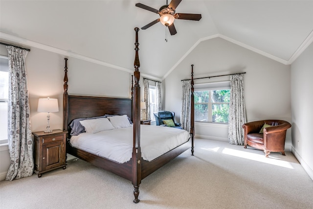 bedroom featuring vaulted ceiling, light carpet, baseboards, and a ceiling fan