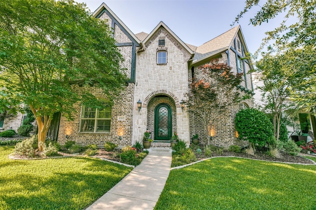view of front of property with stone siding, a front yard, and brick siding