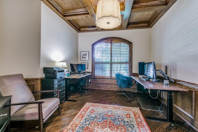 office space with coffered ceiling, wood finished floors, wooden ceiling, beam ceiling, and a wainscoted wall