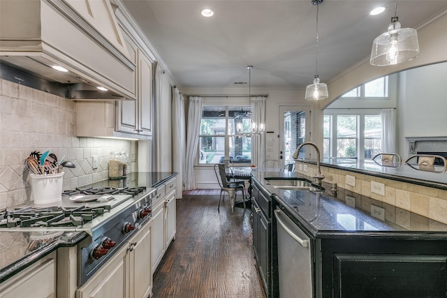 kitchen with a sink, stainless steel appliances, custom range hood, crown molding, and dark wood-style flooring