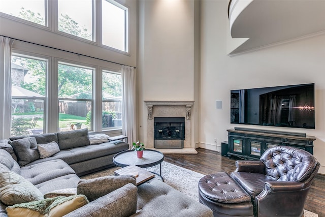 living area with a high ceiling, wood finished floors, a fireplace, and baseboards