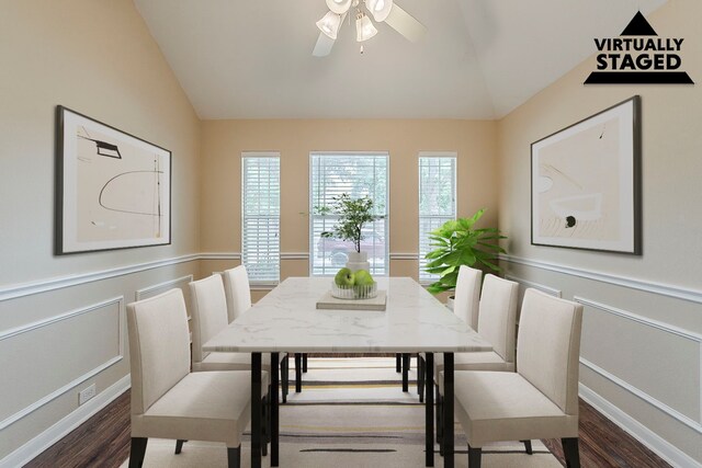 12113 Tacoma Ridge Dr, Fort Worth, TX 76244 - dining room with lofted ceiling, dark wood-style flooring, ceiling fan, and baseboards