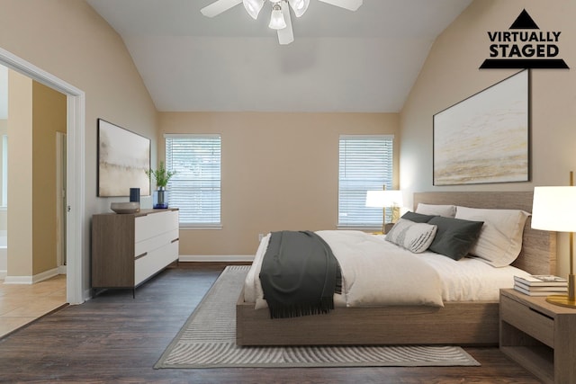 12113 Tacoma Ridge Dr, Fort Worth, TX 76244 - bedroom with vaulted ceiling, ceiling fan, wood finished floors, and baseboards
