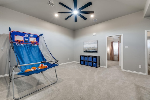 1912 Sunny Side Dr, Little Elm, TX 75068 - rec room featuring a ceiling fan, baseboards, and carpet floors