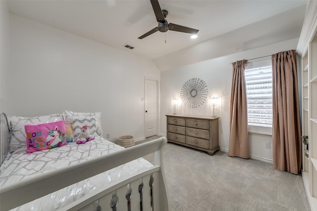 1912 Sunny Side Dr, Little Elm, TX 75068 - bedroom with light colored carpet, vaulted ceiling, baseboards, and ceiling fan