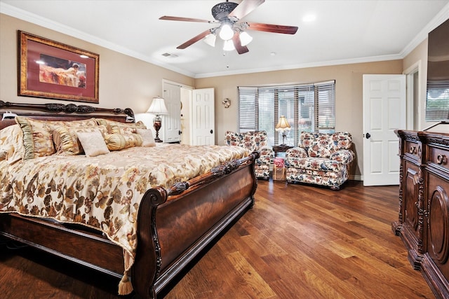 4322 Glenaire Dr, Dallas, TX 75229 - bedroom featuring dark wood-type flooring, multiple windows, crown molding, and a ceiling fan