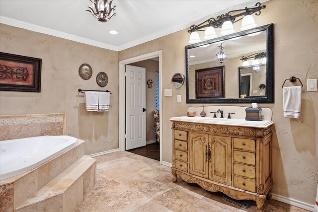 4322 Glenaire Dr, Dallas, TX 75229 - bathroom with vanity, a bath, ornamental molding, baseboards, and stone finish floors