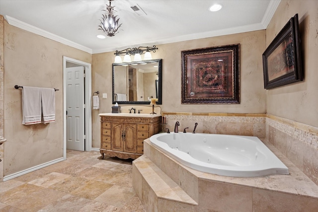 4322 Glenaire Dr, Dallas, TX 75229 - bathroom featuring vanity, a whirlpool tub, ornamental molding, recessed lighting, and baseboards