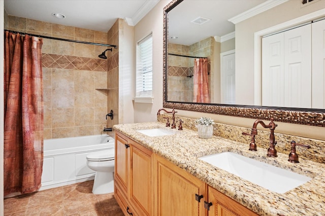 4322 Glenaire Dr, Dallas, TX 75229 - full bath featuring ornamental molding, tiled shower / bath combo, toilet, and double vanity