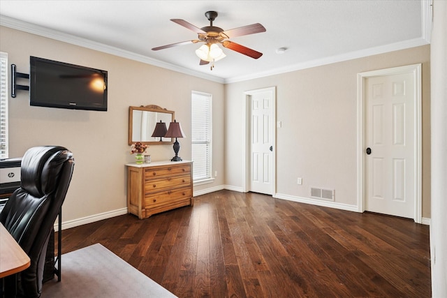 4322 Glenaire Dr, Dallas, TX 75229 - office space with dark wood finished floors, ornamental molding, ceiling fan, and baseboards