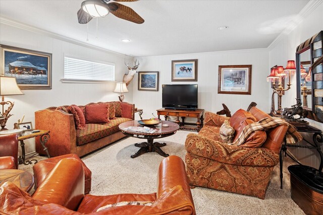 4322 Glenaire Dr, Dallas, TX 75229 - carpeted living area featuring ornamental molding and a ceiling fan